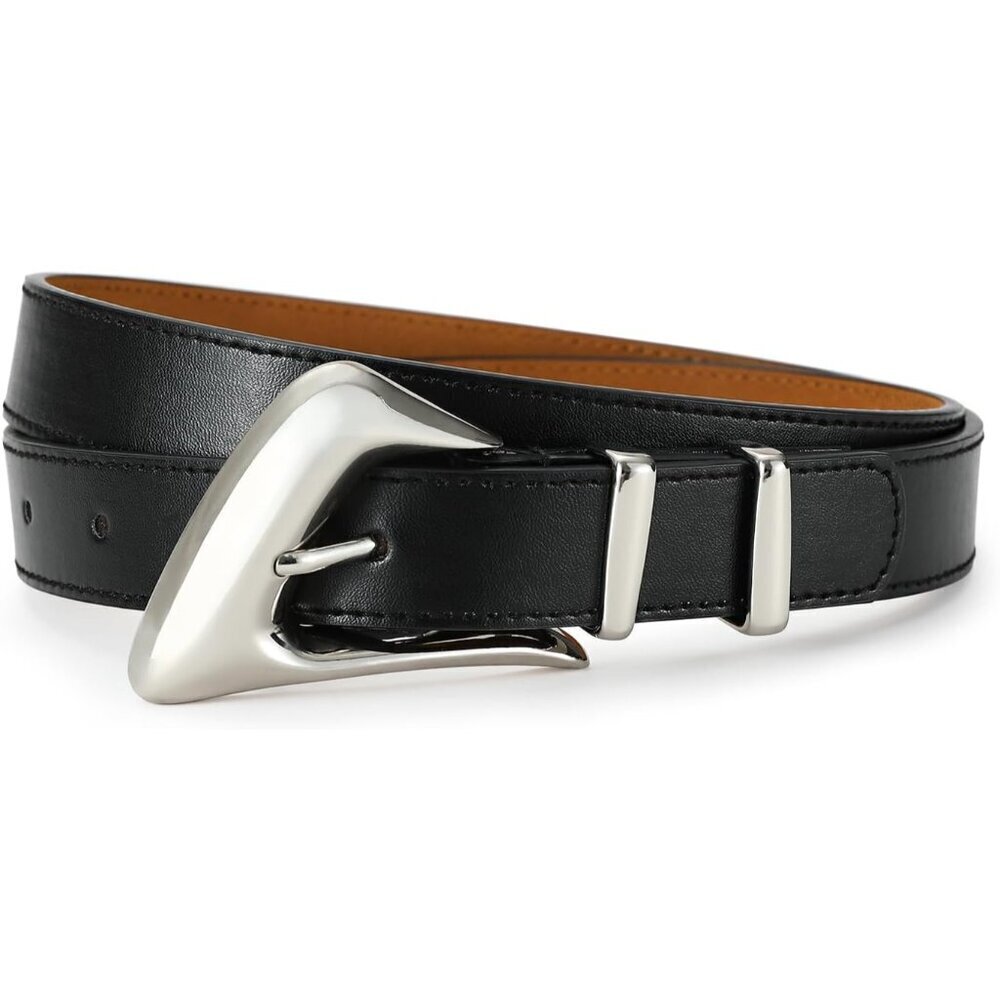 Women's Synthetic Leather Waist Belt with Silver Gold Buckle for Jeans & Dress